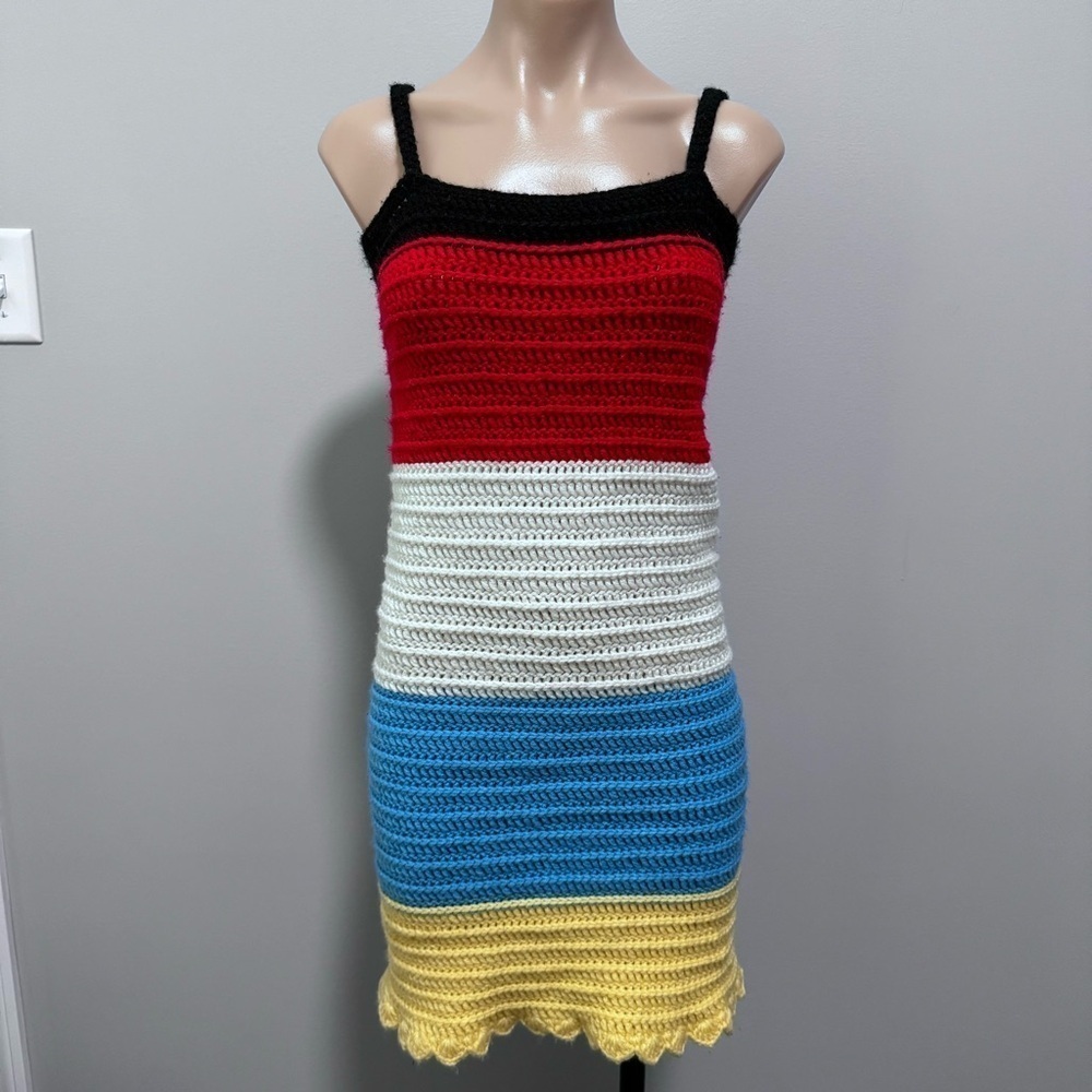 Handmade Crochet Knit Colorblock Stripe Dress Primary Color Red Blue White